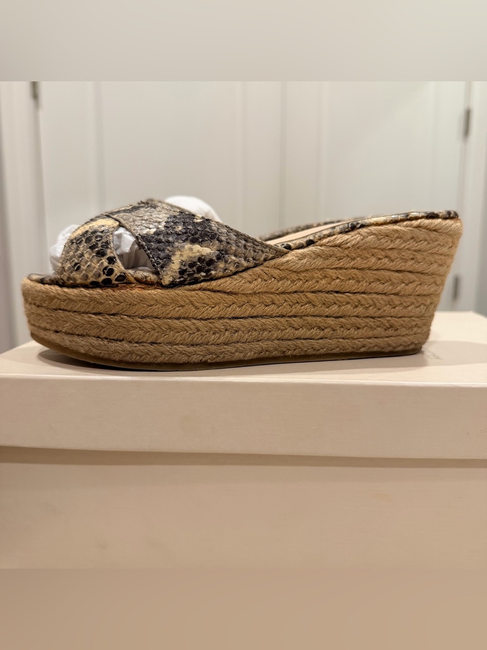 JIMMY CHOO Snake-Print “Paisley” Espadrille Wedge Sandals in Natural and Black
